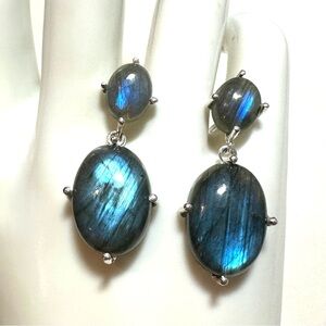 Blue Flash Gray Labradorite Oval Cabochon Sterling Silver Post Dangle Earrings
